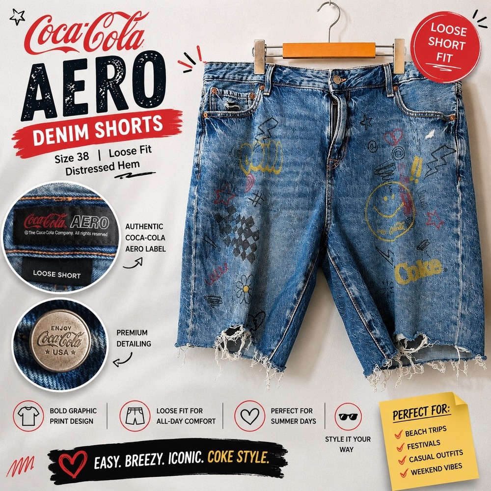 Coca-Cola AERO Denim Shorts Mens 38 Blue Loose Fit Distressed Graphic Streetwear